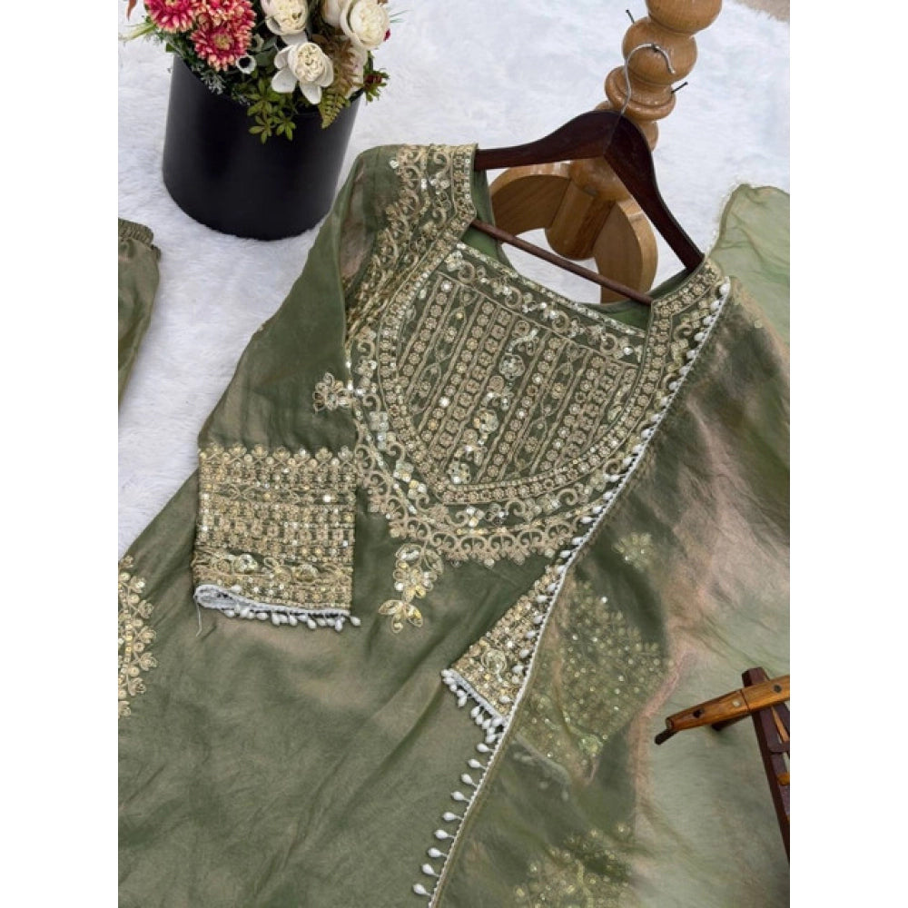 Snuggle Spot Women's Silk Embroidered 3/4th Sleeve Round Kurti With Sharara Pant and Dupatta Set (Green)