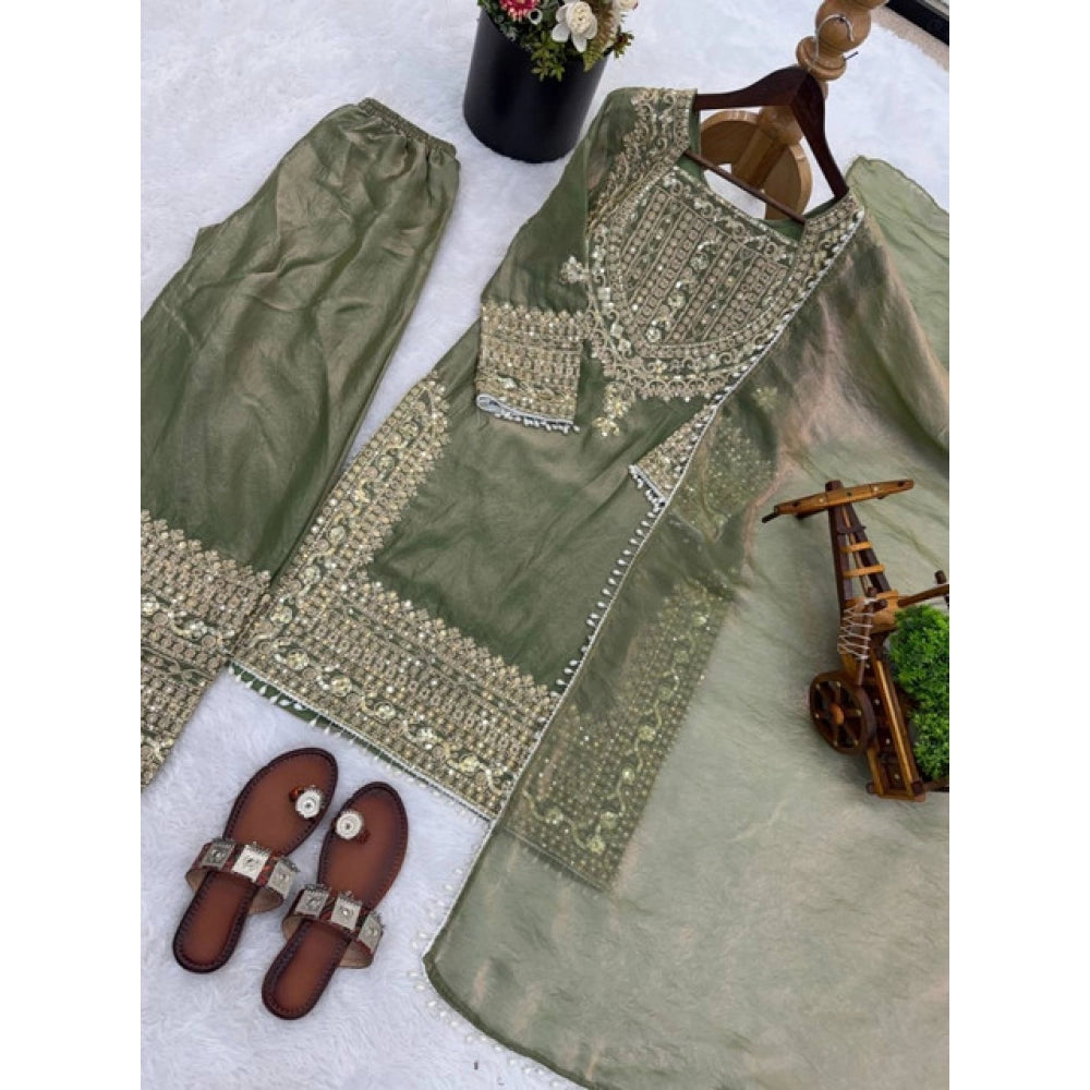 Snuggle Spot Women's Silk Embroidered 3/4th Sleeve Round Kurti With Sharara Pant and Dupatta Set (Green)