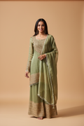 Snuggle Spot Women's Silk Embroidered 3/4th Sleeve Round Kurti With Sharara Pant and Dupatta Set (Green)