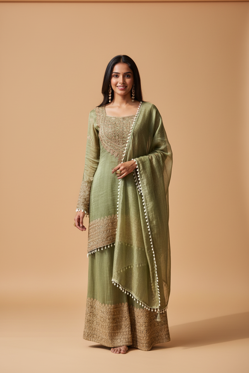 Snuggle Spot Women's Silk Embroidered 3/4th Sleeve Round Kurti With Sharara Pant and Dupatta Set (Green)