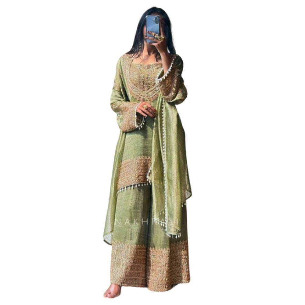 Snuggle Spot Women's Silk Embroidered 3/4th Sleeve Round Kurti With Sharara Pant and Dupatta Set (Green)