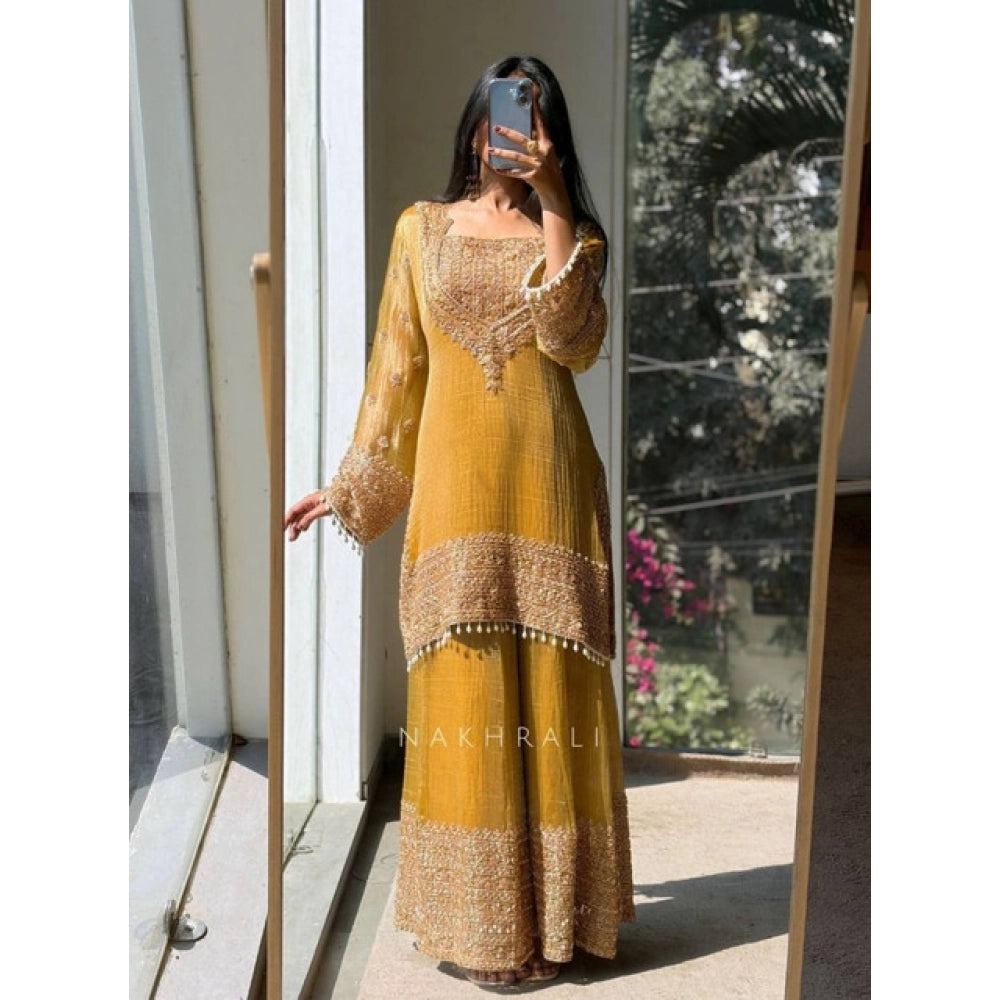 Snuggle Spot Women's Silk Embroidered 3/4th Sleeve Round Kurti With Sharara Pant and Dupatta Set (Yellow)