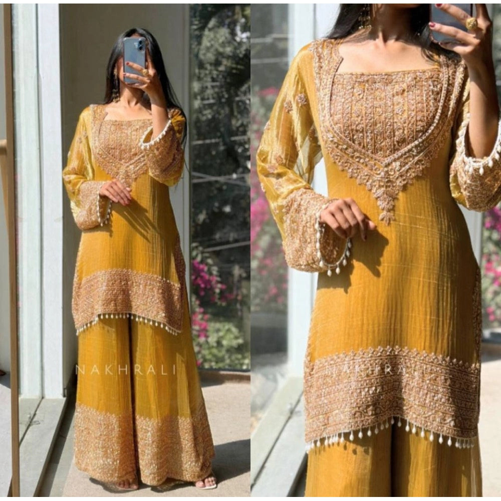 Snuggle Spot Women's Silk Embroidered 3/4th Sleeve Round Kurti With Sharara Pant and Dupatta Set (Yellow)