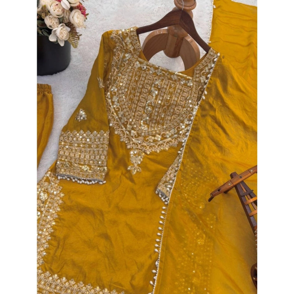 Snuggle Spot Women's Silk Embroidered 3/4th Sleeve Round Kurti With Sharara Pant and Dupatta Set (Yellow)