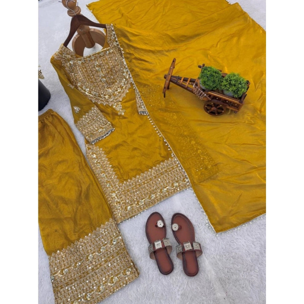 Snuggle Spot Women's Silk Embroidered 3/4th Sleeve Round Kurti With Sharara Pant and Dupatta Set (Yellow)