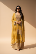 Snuggle Spot Women's Silk Embroidered 3/4th Sleeve Round Kurti With Sharara Pant and Dupatta Set (Yellow)