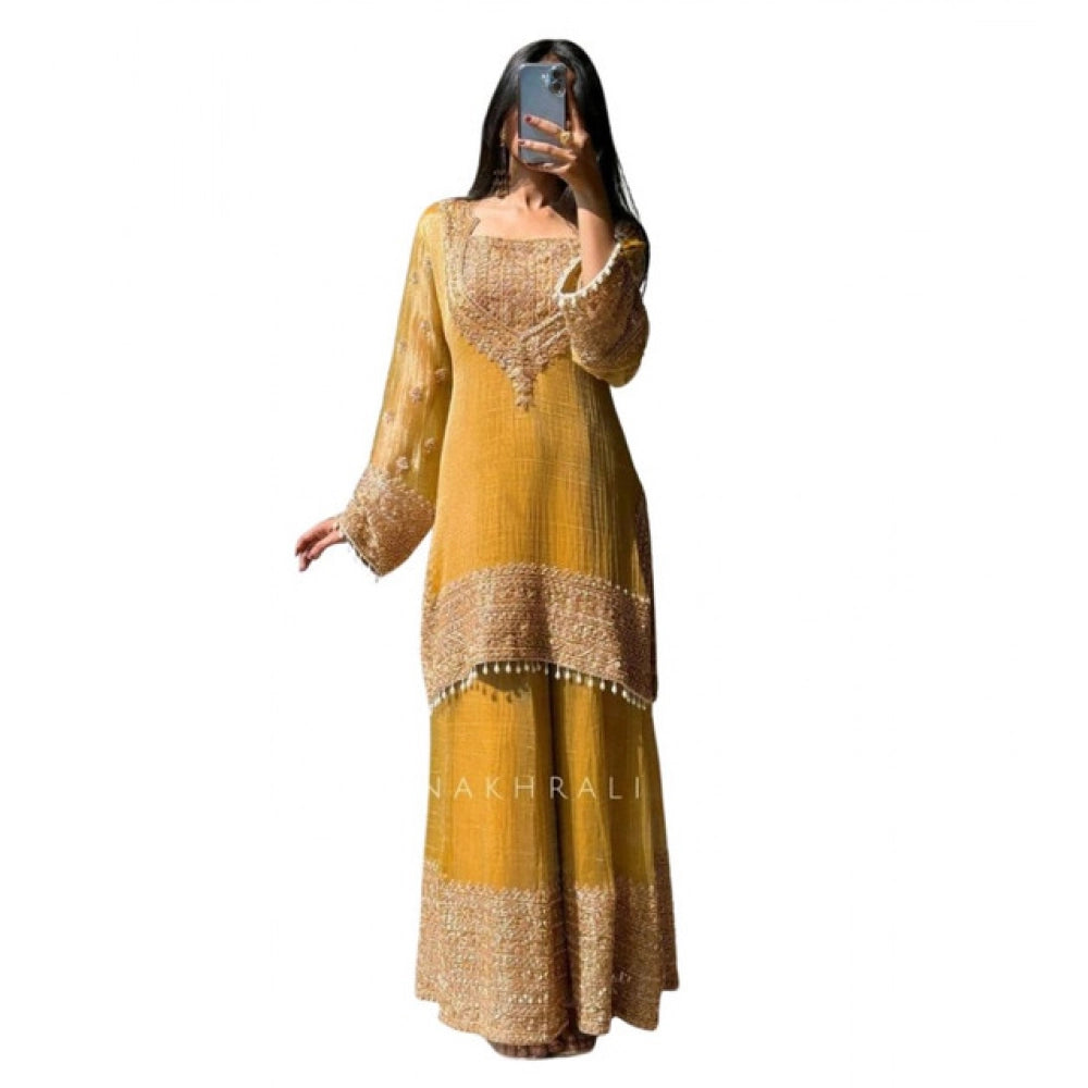 Snuggle Spot Women's Silk Embroidered 3/4th Sleeve Round Kurti With Sharara Pant and Dupatta Set (Yellow)