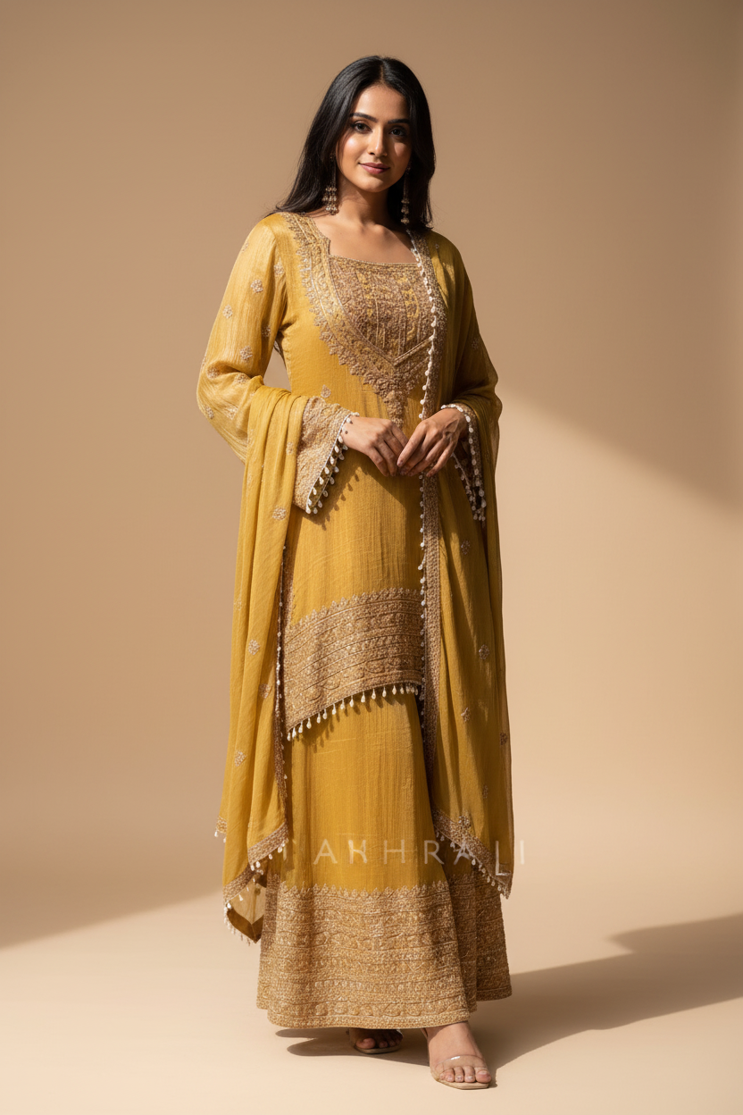 Snuggle Spot Women's Silk Embroidered 3/4th Sleeve Round Kurti With Sharara Pant and Dupatta Set (Yellow)