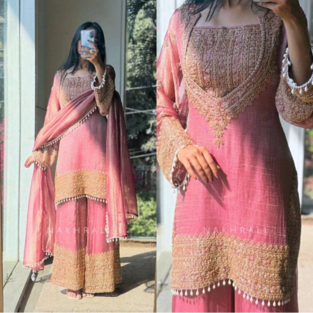 Snuggle Spot Women's Silk Embroidered 3/4th Sleeve Round Kurti With Sharara Pant and Dupatta Set (Pink)