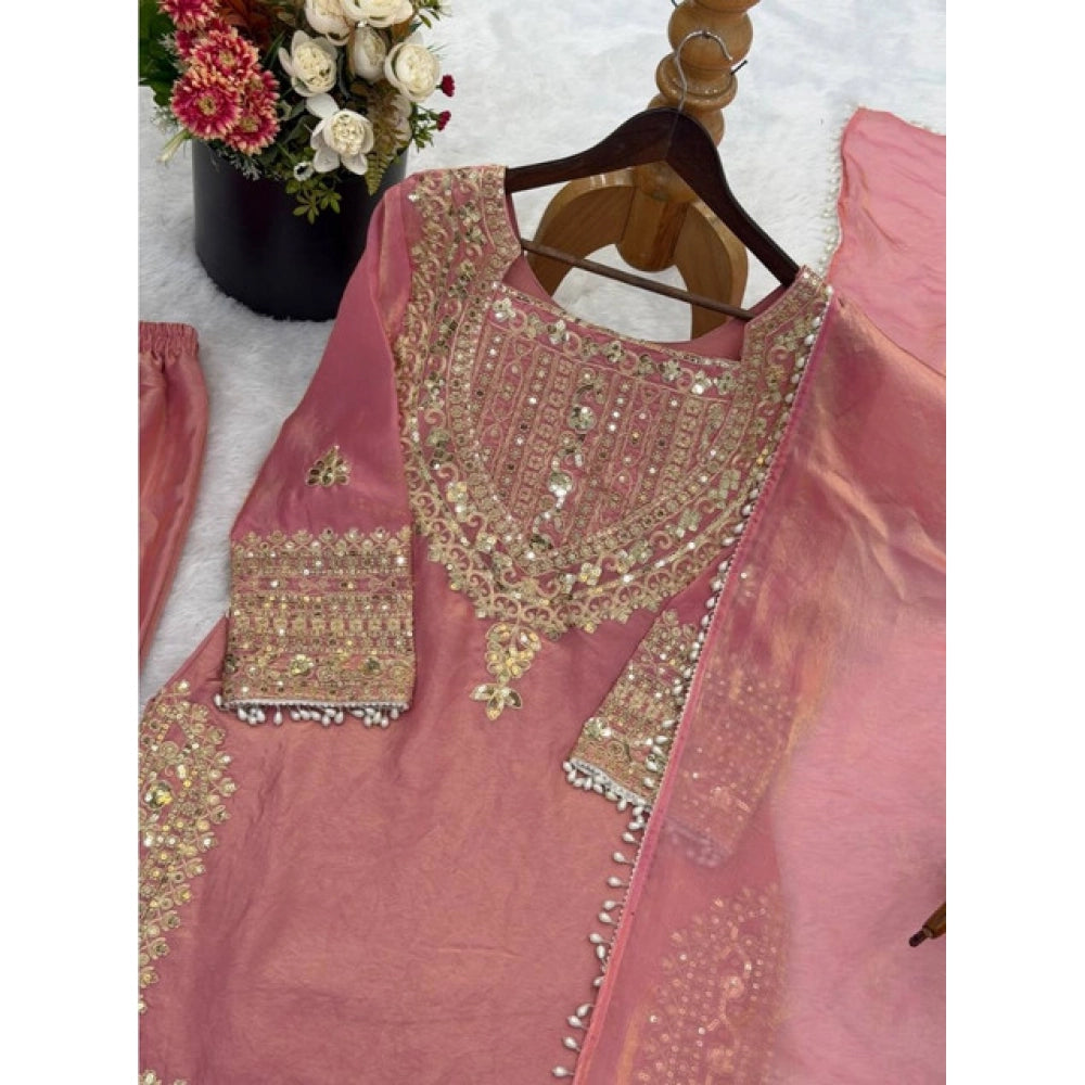 Snuggle Spot Women's Silk Embroidered 3/4th Sleeve Round Kurti With Sharara Pant and Dupatta Set (Pink)