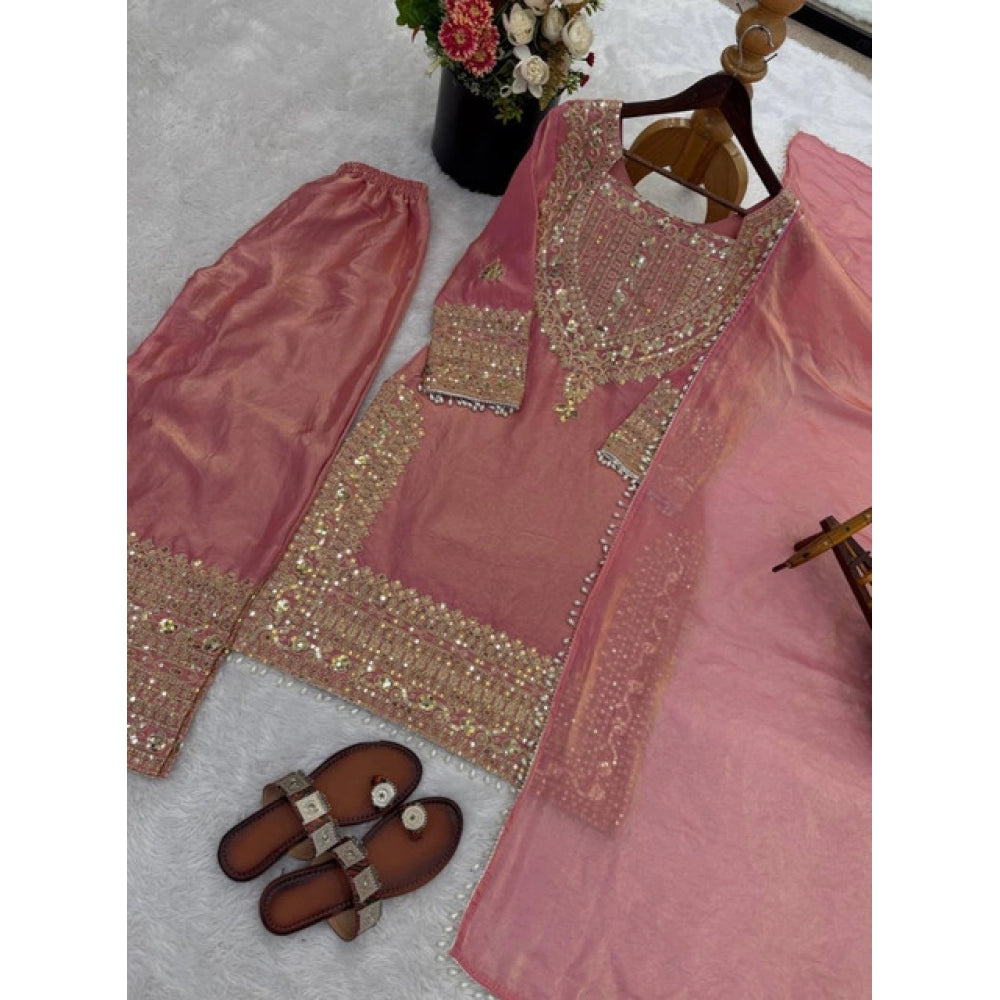 Snuggle Spot Women's Silk Embroidered 3/4th Sleeve Round Kurti With Sharara Pant and Dupatta Set (Pink)