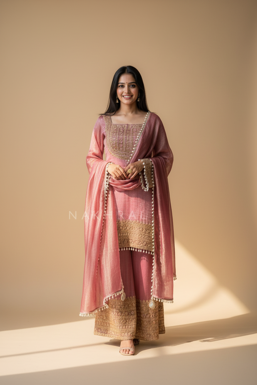 Snuggle Spot Women's Silk Embroidered 3/4th Sleeve Round Kurti With Sharara Pant and Dupatta Set (Pink)