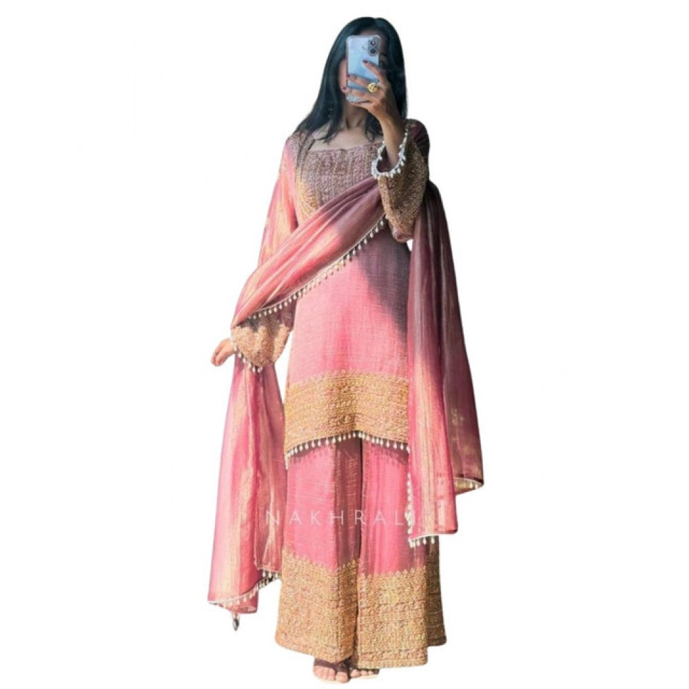 Snuggle Spot Women's Silk Embroidered 3/4th Sleeve Round Kurti With Sharara Pant and Dupatta Set (Pink)