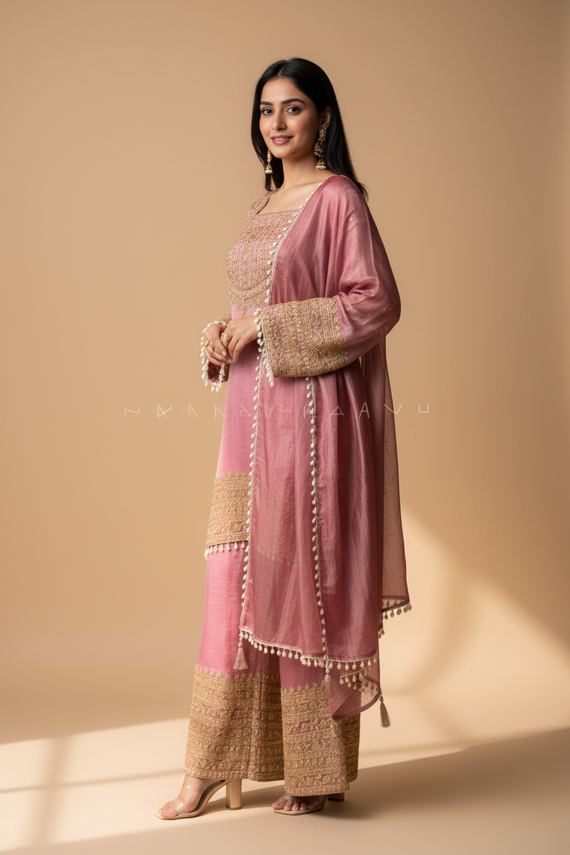 Snuggle Spot Women's Silk Embroidered 3/4th Sleeve Round Kurti With Sharara Pant and Dupatta Set (Pink)