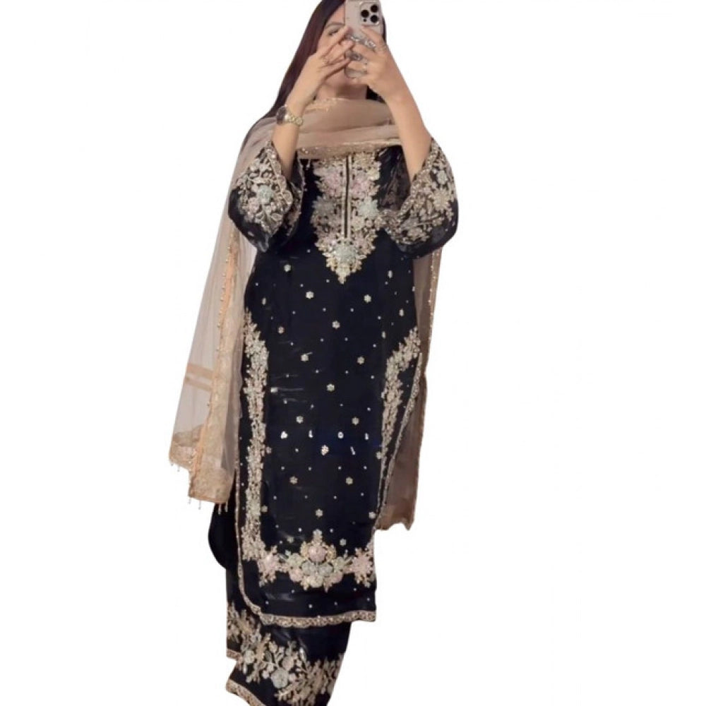 Snuggle Spot Women's Silk Embroidered 3/4th Sleeve Round Readymade Kurti With Palazzo Pant and Dupatta Set (Black)