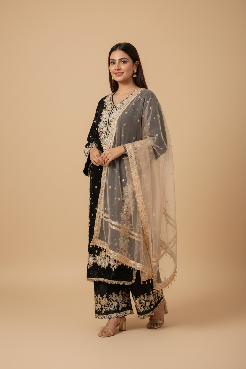 Snuggle Spot Women's Silk Embroidered 3/4th Sleeve Round Readymade Kurti With Palazzo Pant and Dupatta Set (Black)