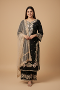 Snuggle Spot Women's Silk Embroidered 3/4th Sleeve Round Readymade Kurti With Palazzo Pant and Dupatta Set (Black)