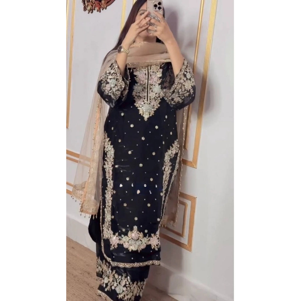 Snuggle Spot Women's Silk Embroidered 3/4th Sleeve Round Readymade Kurti With Palazzo Pant and Dupatta Set (Black)
