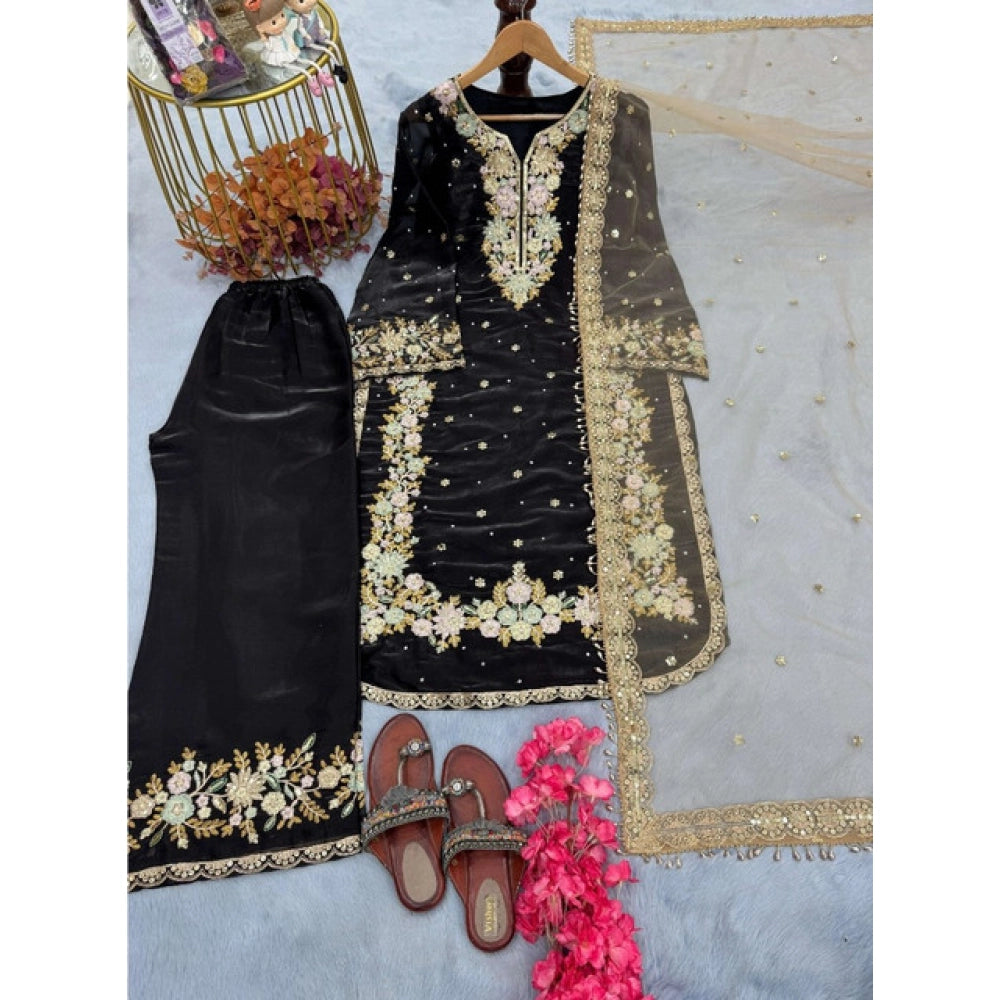 Snuggle Spot Women's Silk Embroidered 3/4th Sleeve Round Readymade Kurti With Palazzo Pant and Dupatta Set (Black)