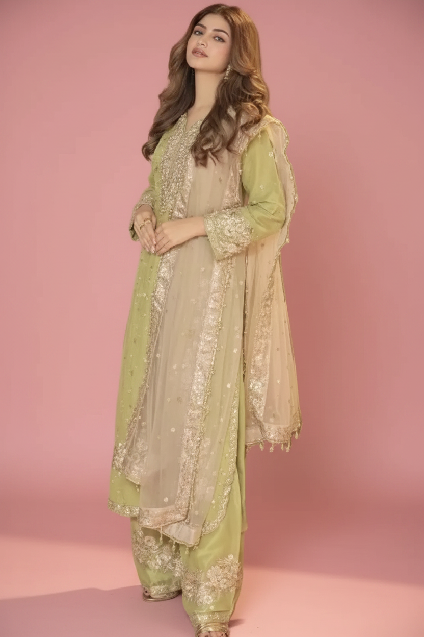 Snuggle Spot Women's Silk Embroidered 3/4th Sleeve Round Readymade Kurti With Palazzo Pant and Dupatta Set (Pista)