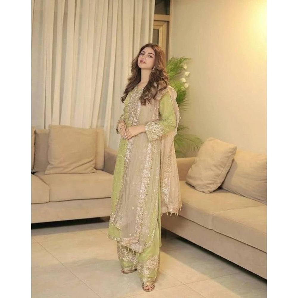 Snuggle Spot Women's Silk Embroidered 3/4th Sleeve Round Readymade Kurti With Palazzo Pant and Dupatta Set (Pista)