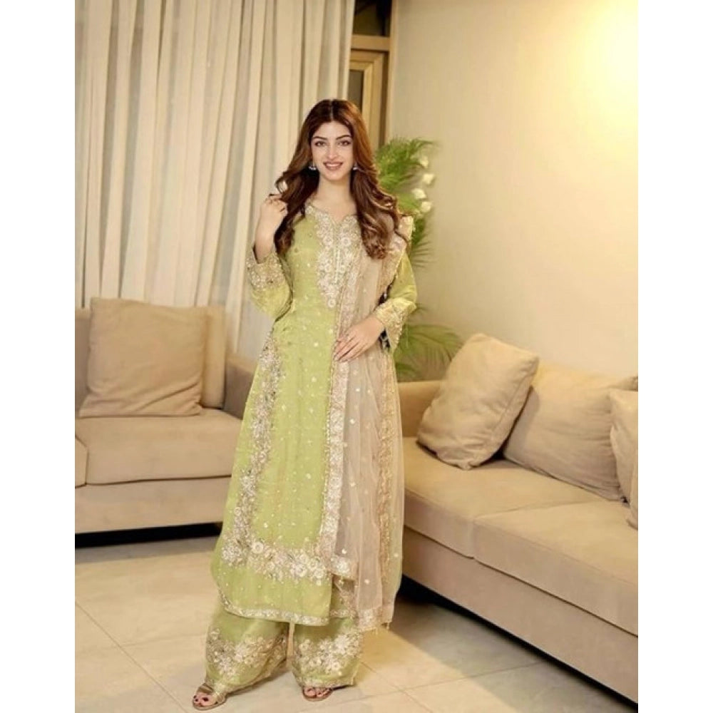 Snuggle Spot Women's Silk Embroidered 3/4th Sleeve Round Readymade Kurti With Palazzo Pant and Dupatta Set (Pista)