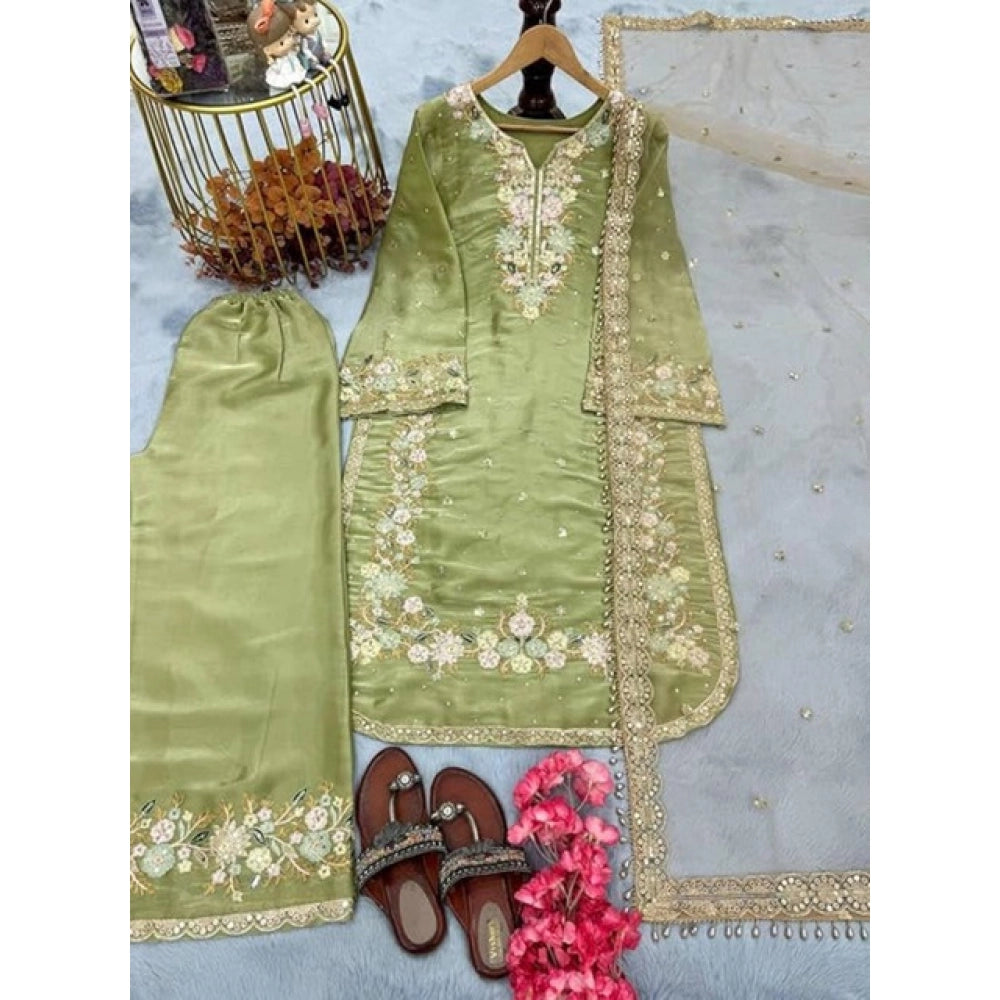 Snuggle Spot Women's Silk Embroidered 3/4th Sleeve Round Readymade Kurti With Palazzo Pant and Dupatta Set (Pista)
