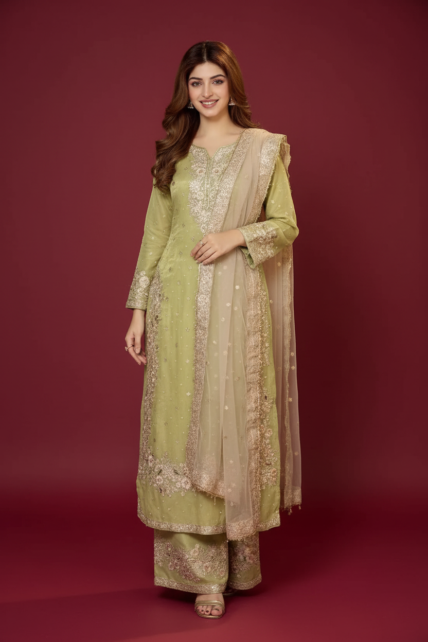 Snuggle Spot Women's Silk Embroidered 3/4th Sleeve Round Readymade Kurti With Palazzo Pant and Dupatta Set (Pista)