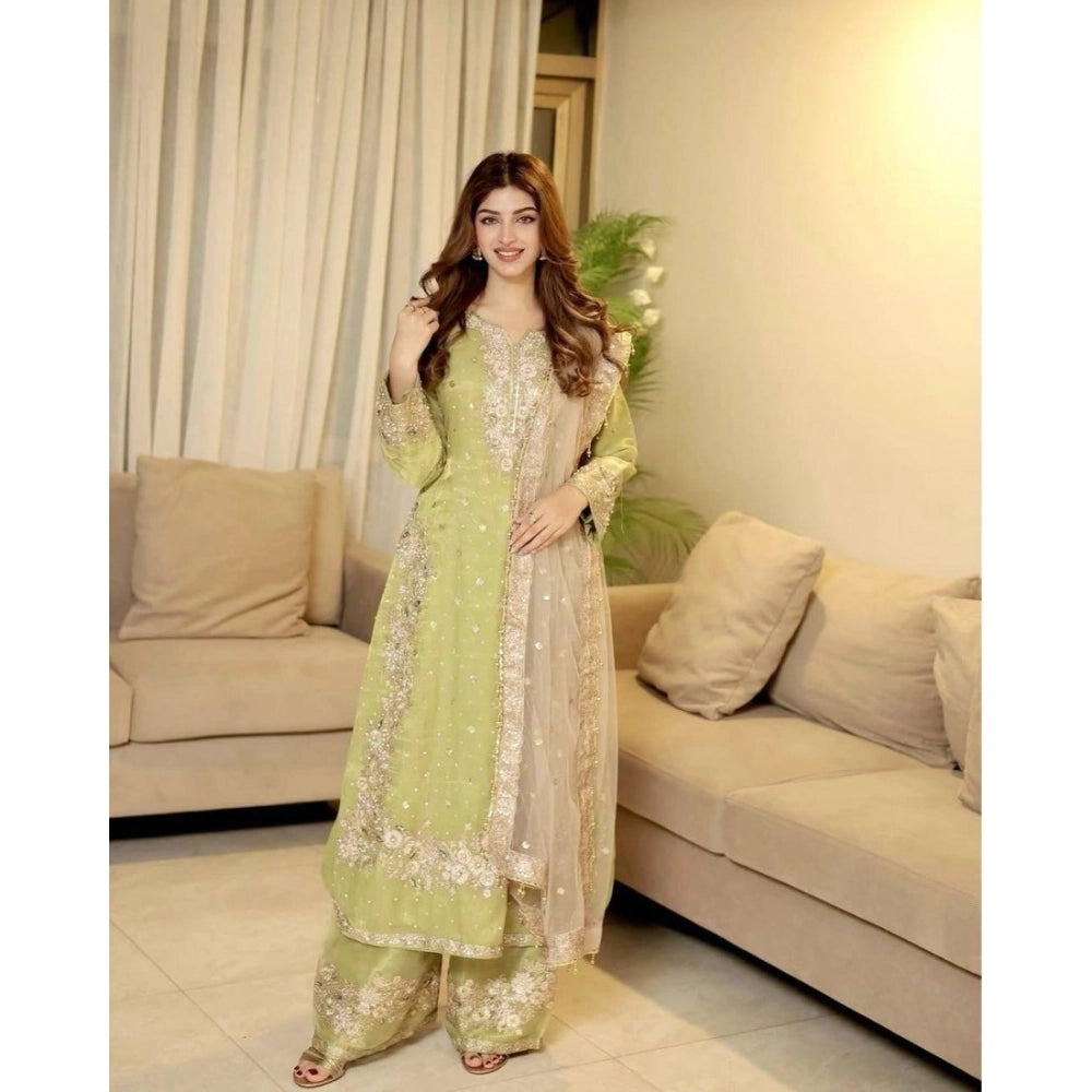 Snuggle Spot Women's Silk Embroidered 3/4th Sleeve Round Readymade Kurti With Palazzo Pant and Dupatta Set (Pista)