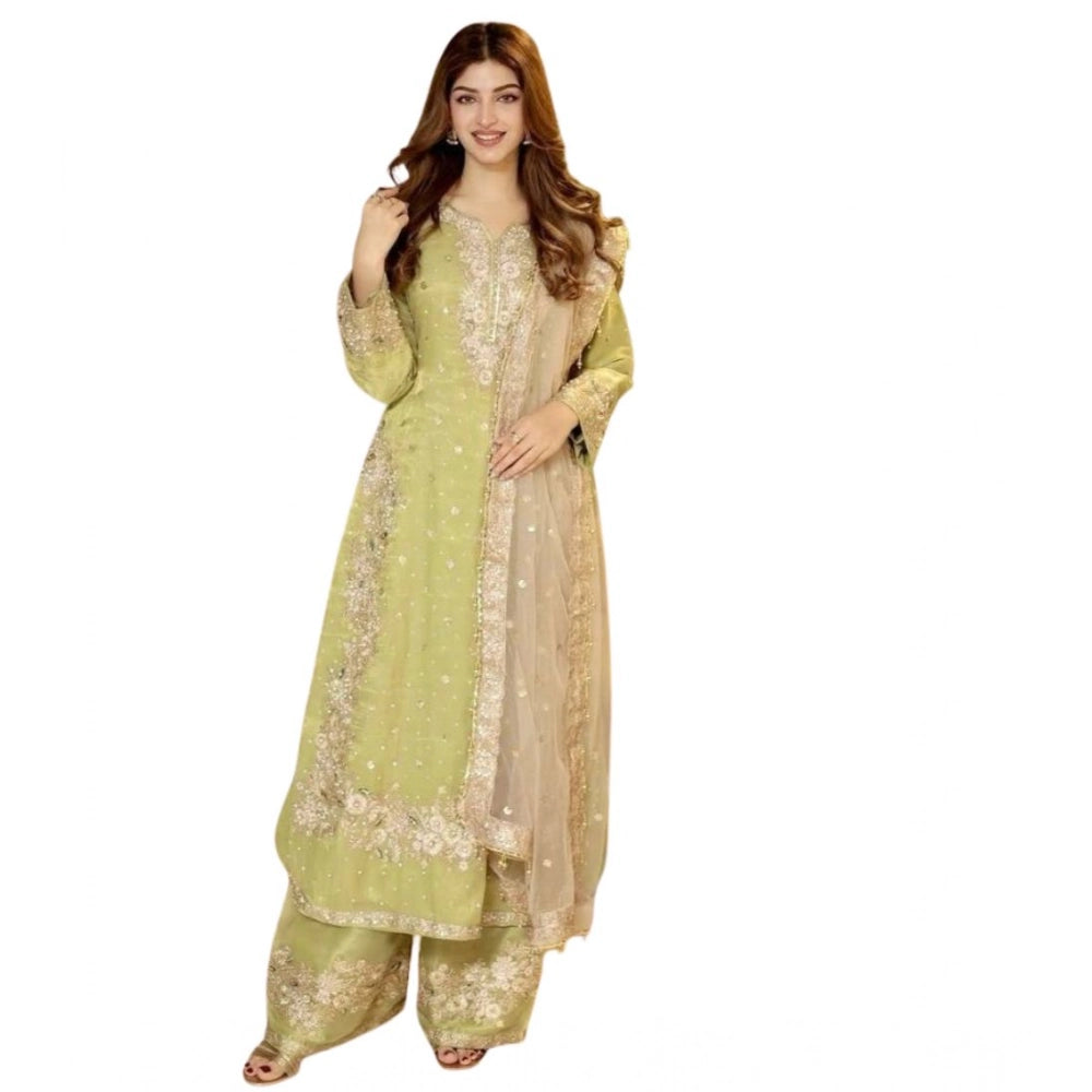 Snuggle Spot Women's Silk Embroidered 3/4th Sleeve Round Readymade Kurti With Palazzo Pant and Dupatta Set (Pista)