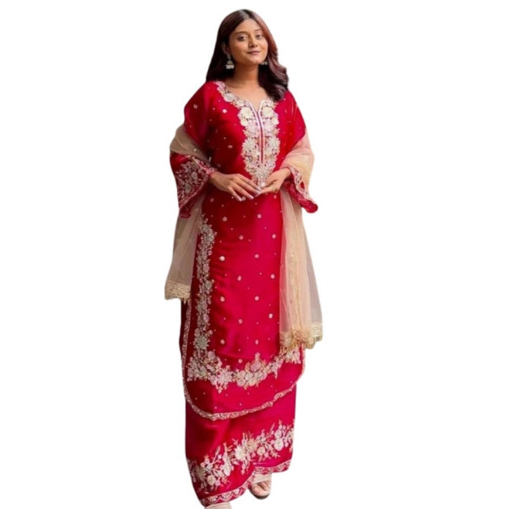 Snuggle Spot Women's Silk Embroidered 3/4th Sleeve Round Readymade Kurti With Palazzo Pant and Dupatta Set (Red)