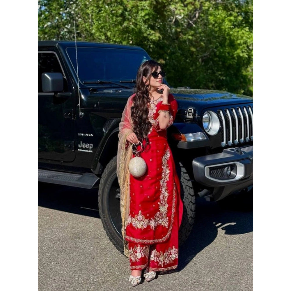 Snuggle Spot Women's Silk Embroidered 3/4th Sleeve Round Readymade Kurti With Palazzo Pant and Dupatta Set (Red)