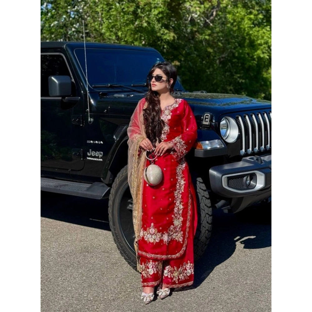 Snuggle Spot Women's Silk Embroidered 3/4th Sleeve Round Readymade Kurti With Palazzo Pant and Dupatta Set (Red)