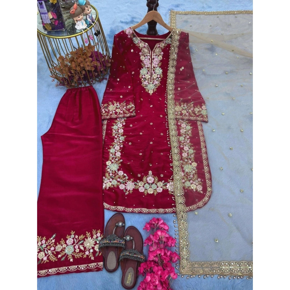 Snuggle Spot Women's Silk Embroidered 3/4th Sleeve Round Readymade Kurti With Palazzo Pant and Dupatta Set (Red)