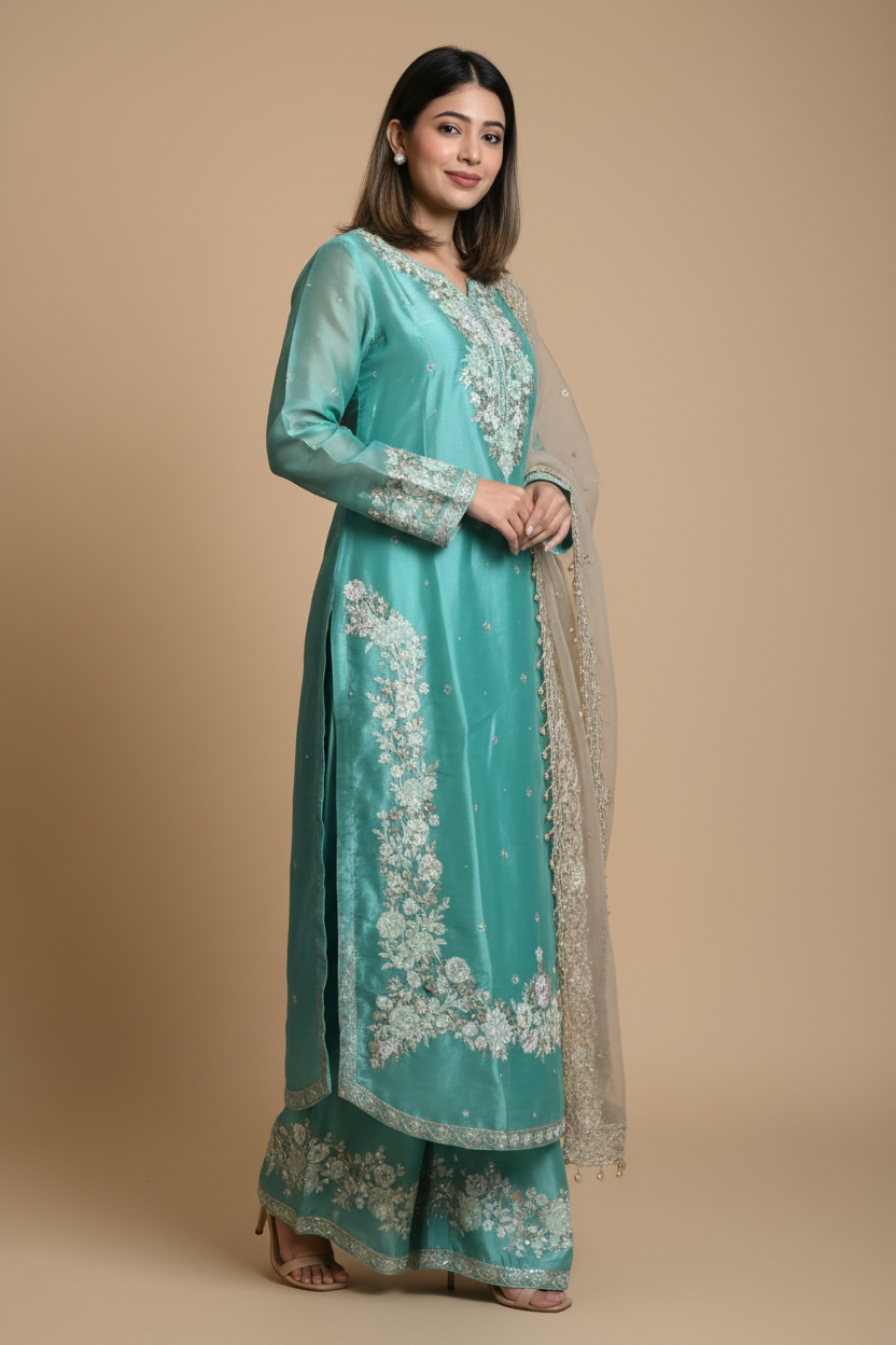Snuggle Spot Women's Silk Embroidered 3/4th Sleeve Round Readymade Kurti With Palazzo Pant and Dupatta Set (Sea Green)