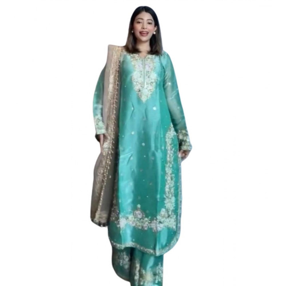 Snuggle Spot Women's Silk Embroidered 3/4th Sleeve Round Readymade Kurti With Palazzo Pant and Dupatta Set (Sea Green)