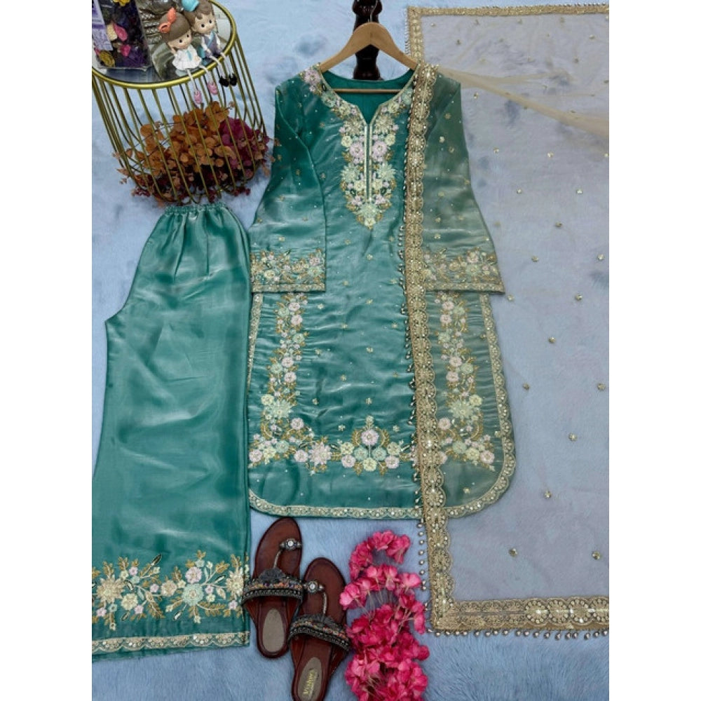 Snuggle Spot Women's Silk Embroidered 3/4th Sleeve Round Readymade Kurti With Palazzo Pant and Dupatta Set (Sea Green)