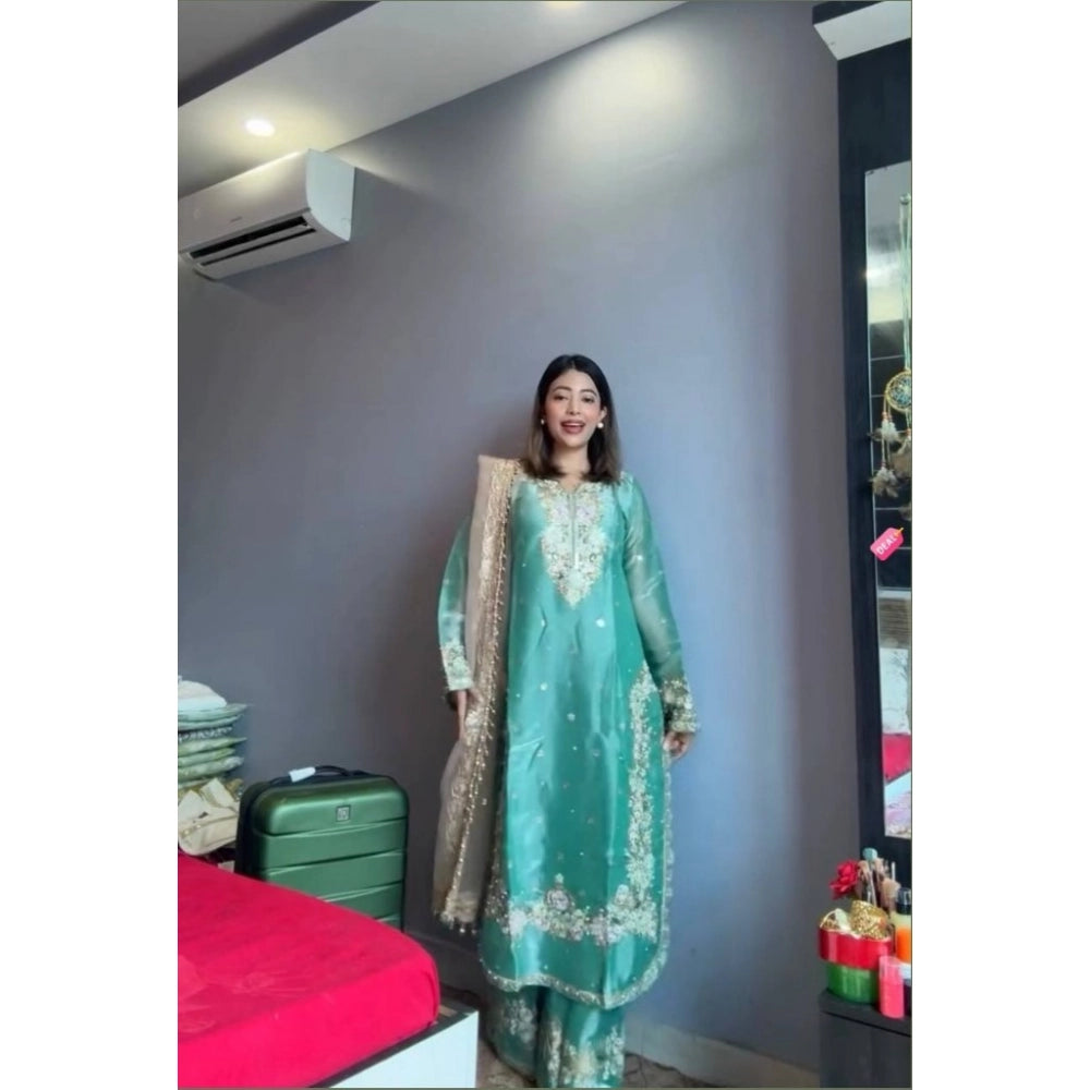 Snuggle Spot Women's Silk Embroidered 3/4th Sleeve Round Readymade Kurti With Palazzo Pant and Dupatta Set (Sea Green)