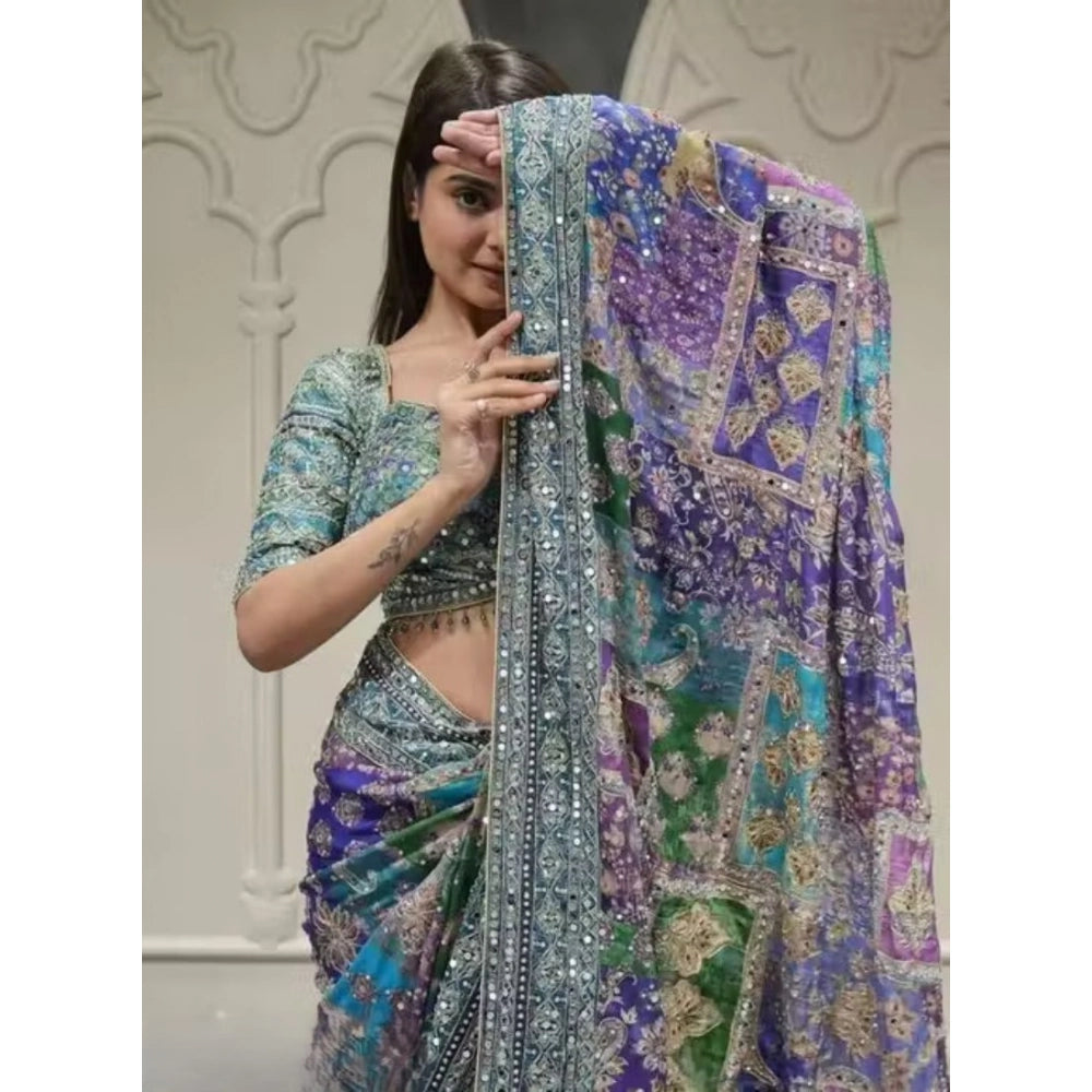 Snuggle Spot Women's Chiffon Embellished Saree With Unstitched Blouse 5.5Mtr (Multicolor)
