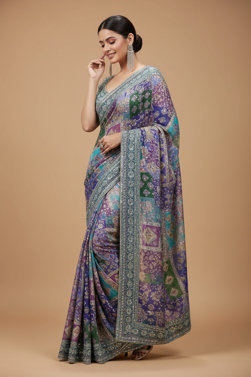 Snuggle Spot Women's Chiffon Embellished Saree With Unstitched Blouse 5.5Mtr (Multicolor)