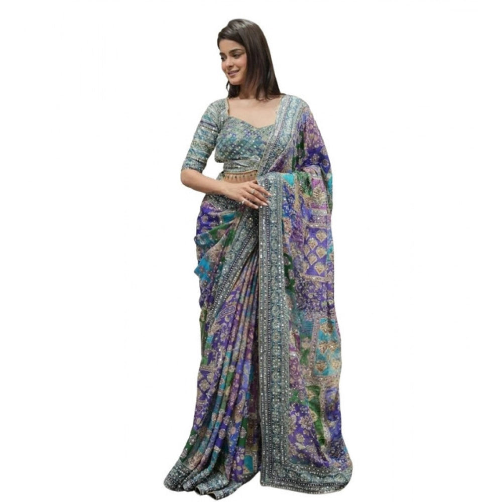 Snuggle Spot Women's Chiffon Embellished Saree With Unstitched Blouse 5.5Mtr (Multicolor)
