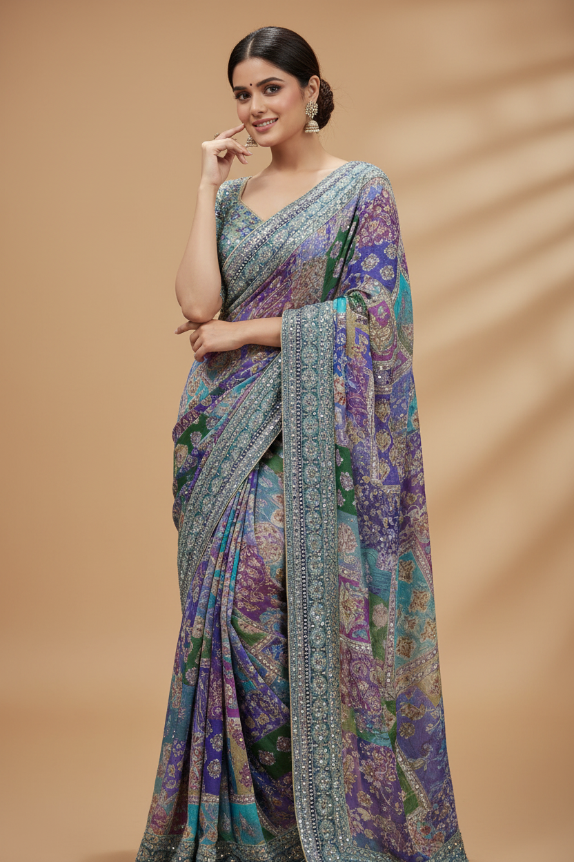 Snuggle Spot Women's Chiffon Embellished Saree With Unstitched Blouse 5.5Mtr (Multicolor)