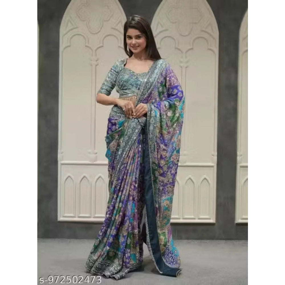 Snuggle Spot Women's Chiffon Embellished Saree With Unstitched Blouse 5.5Mtr (Multicolor)