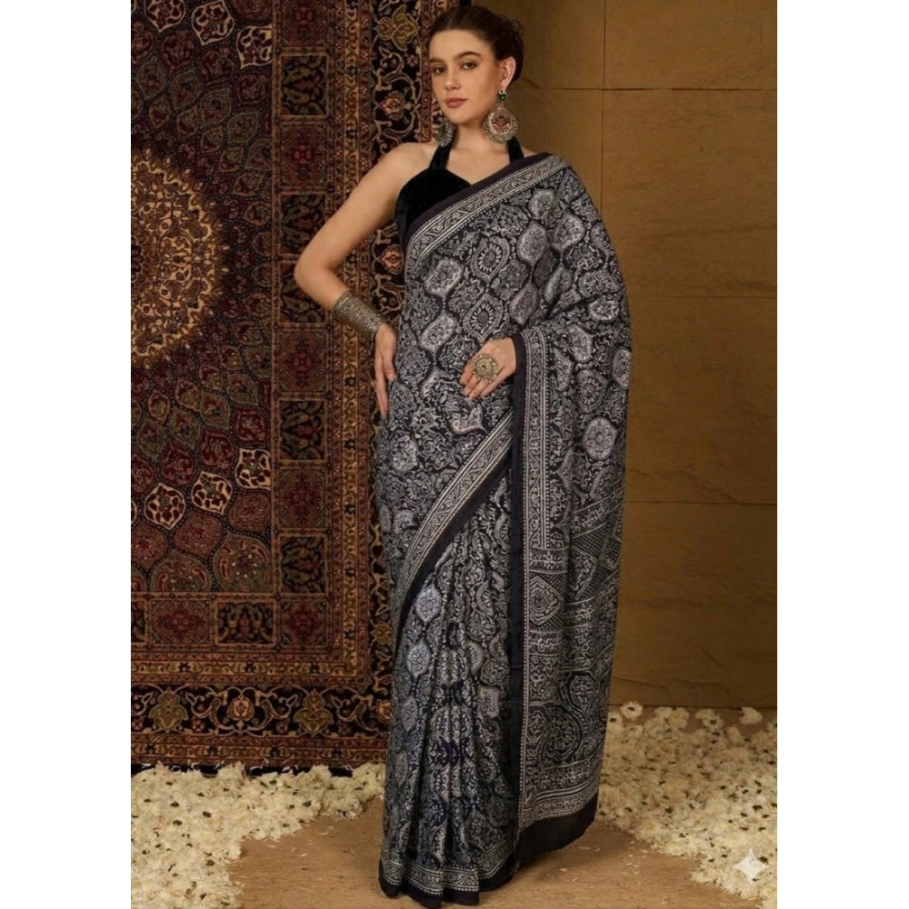 Snuggle Spot Women's Crepe Printed Saree With Unstitched Blouse 5.5Mtr (Black)