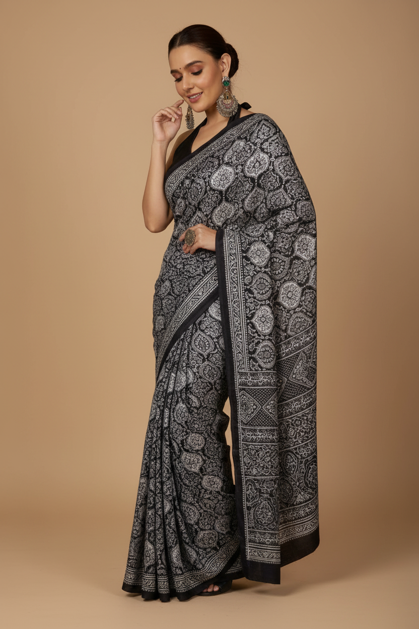 Snuggle Spot Women's Crepe Printed Saree With Unstitched Blouse 5.5Mtr (Black)