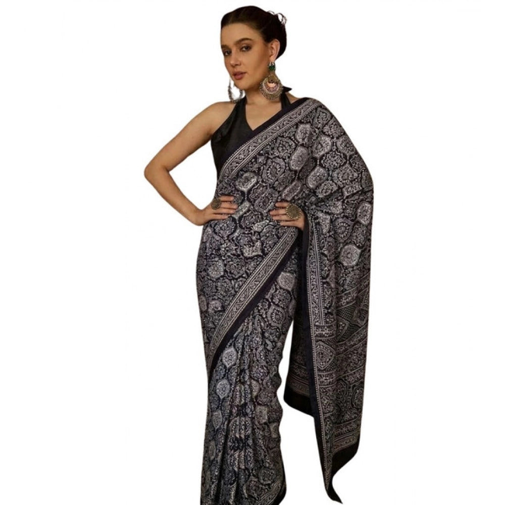 Snuggle Spot Women's Crepe Printed Saree With Unstitched Blouse 5.5Mtr (Black)