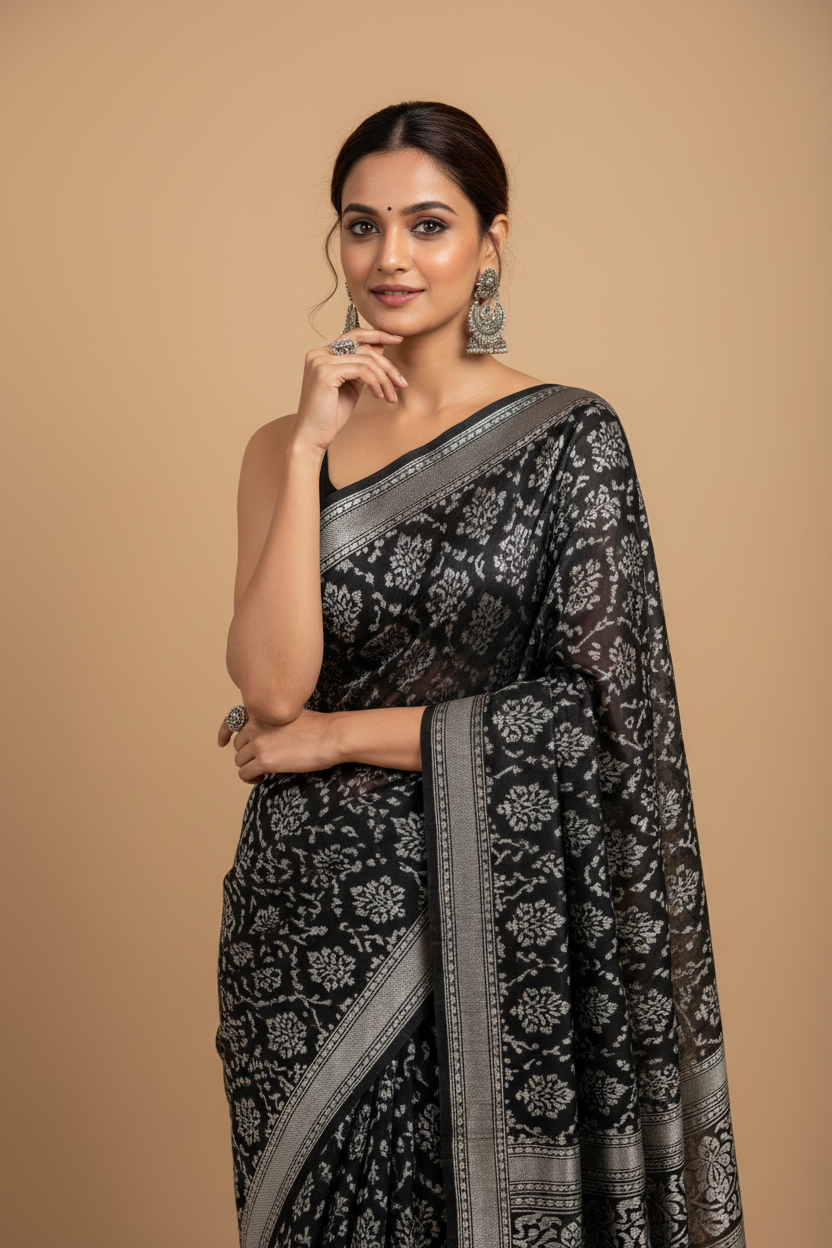 Snuggle Spot Women's Crepe Printed Saree With Unstitched Blouse 5.5Mtr (Black)