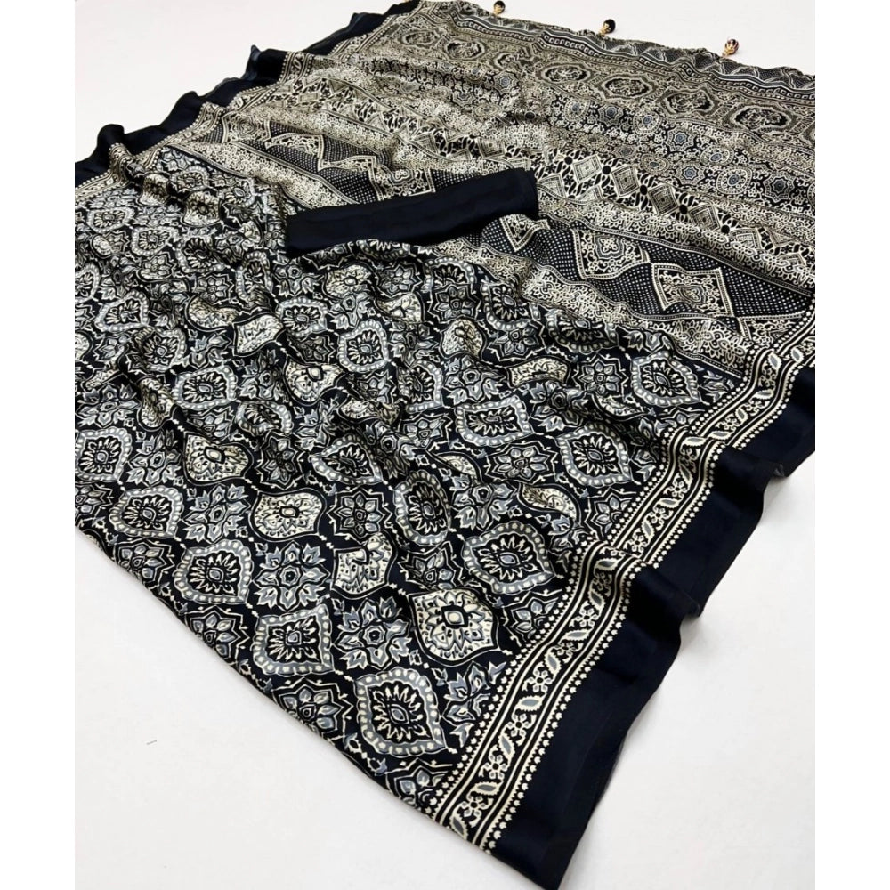 Snuggle Spot Women's Crepe Printed Saree With Unstitched Blouse 5.5Mtr (Black)