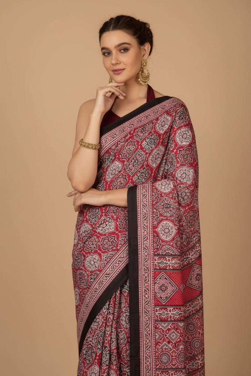 Snuggle Spot Women's Crepe Printed Saree With Unstitched Blouse 5.5Mtr (Maroon)