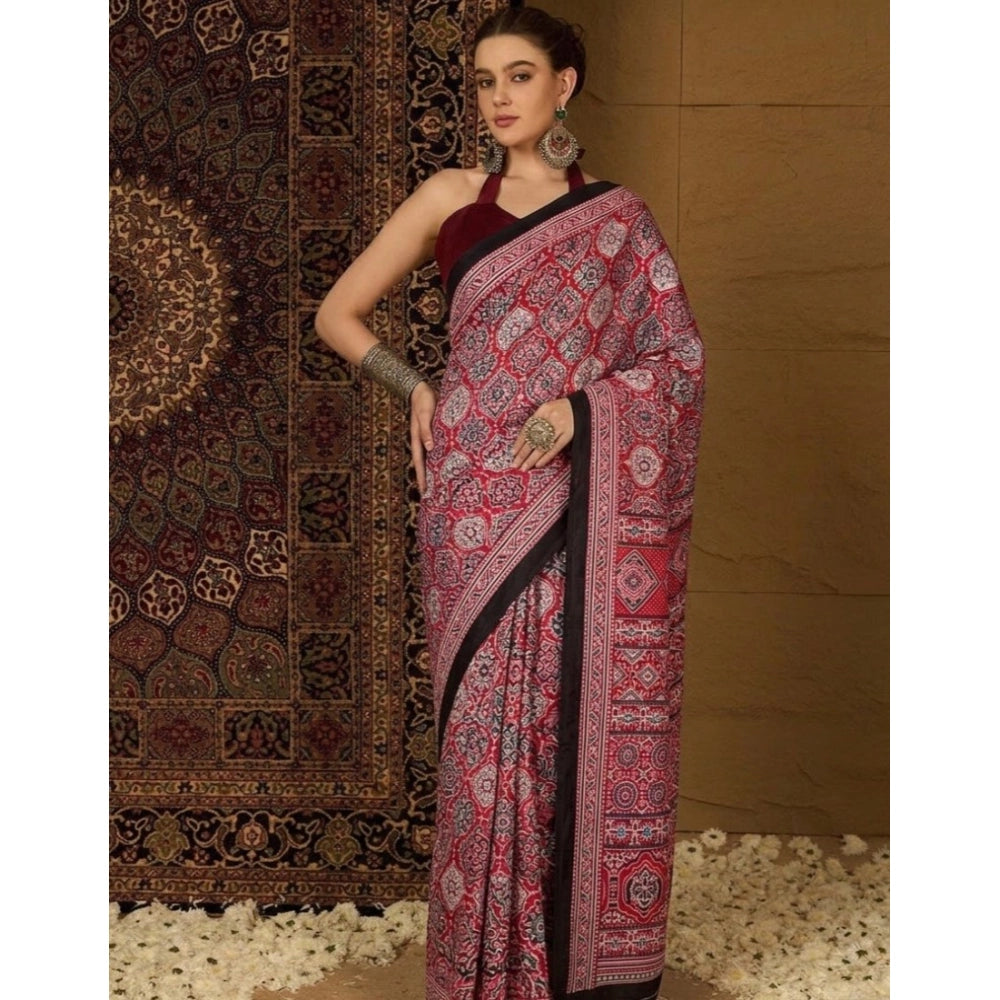 Snuggle Spot Women's Crepe Printed Saree With Unstitched Blouse 5.5Mtr (Maroon)